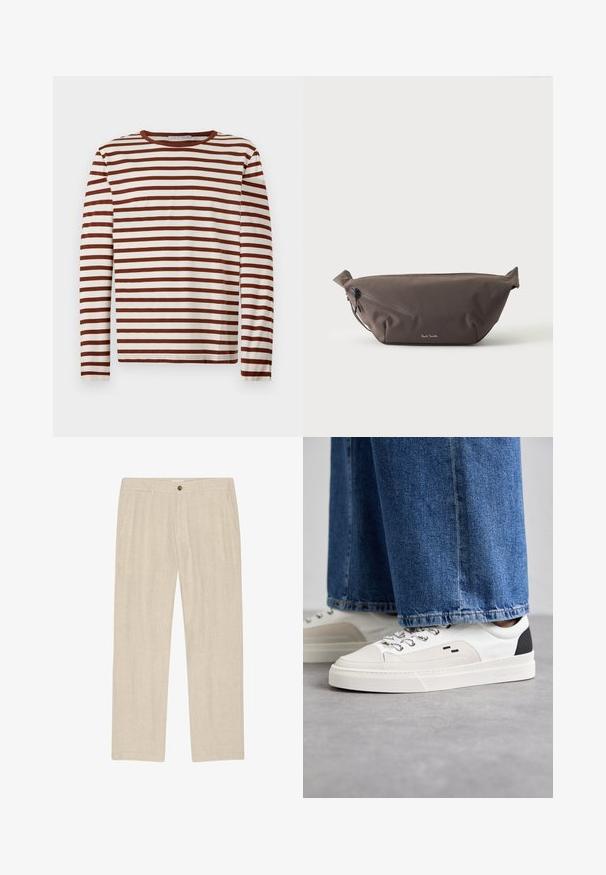 T-shirt à manches longues et col rond avec des rayures horizontales marron et blanches, fabriqué en tissu doux, posé à plat sur un fond clair.; Pantalon beige à jambes droites avec poches avant, fermeture par bouton et zip, fabriqué en tissu léger texturé.; Baskets blanches et noires avec une tige en cuir lisse, des accents texturés et une semelle épaisse blanche. Présentent un design classique à lacets.; Sac banane en tissu marron foncé avec poche zippée en diagonale et petit logo blanc sur le devant, sur un fond clair uni.