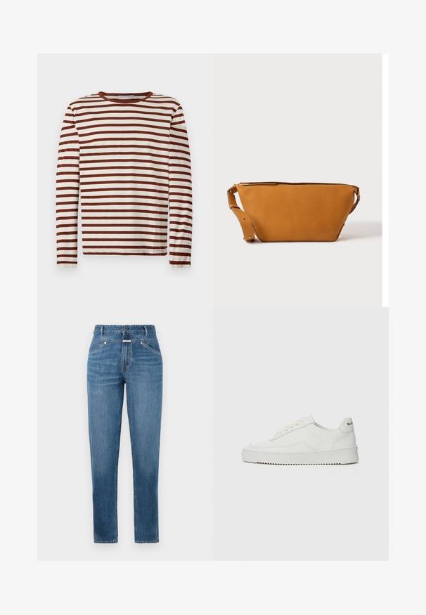 Langslavige crew neck-shirt met horizontale bruine en witte strepen, gemaakt van zachte stof, plat gelegd op een lichte achtergrond.; Blauwe high-waisted rechtlopende jeans met voorkruiszakken, riemlussen, knoopsluiting en subtiele vervagingsdetails.; Witte leren sneaker met een gladde afwerking, ronde neus, platte veters en een gestructureerde zool. Kenmerkt zich door een subtiel logo op de hiel.; Lichtbruine leren crossbodytas met verstelbare band en ritssluiting, getoond tegen een effen lichte achtergrond.