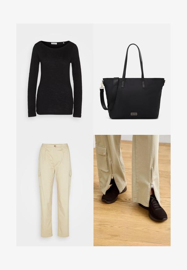 Haut noir à manches longues avec un large décolleté en scoop, fabriqué à partir d'un tissu texturé. Présente des manches ajustées et une silhouette élancée.; Anna Field Pantalon cargo - beige; Pantalons beige à jambes larges avec des zips aux chevilles, associés à des chaussures de sport noires avec un dessus texturé et une semelle rembourrée.; Sac fourre-tout noir avec un extérieur en nylon lisse, équipé de longues sangles en cuir, d'une bandoulière amovible et d'une plaque logo dorée.
