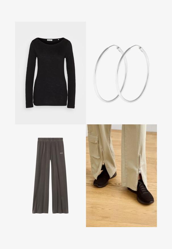 Schwarzes Langarm-Oberteil mit weitem Ausschnitt, aus einem strukturierten Stoff gefertigt. Verfügt über enganliegende Ärmel und eine schlanke Silhouette.; Locker sitzende dunkelgraue Hose mit elastischem Bund und kleinem "American Vintage"-Logo am oberen linken Oberschenkel.; Beige weite Hosen mit Reißverschlüssen an den Knöcheln, kombiniert mit schwarzen Sportschuhen mit strukturiertem Obermaterial und gepolsterter Sohle.; Silberfarbene Creolen mit einer glatten, runden Form und einer polierten Oberfläche. Beide Ohrringe haben die gleiche Größe und verfügen über einen sicheren Verschlussmechanismus.