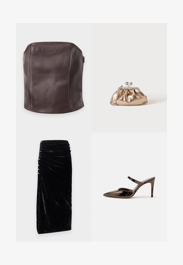 Top corsé strapless de cuero marrón, con una textura suave, forma estructurada y un diseño limpio y minimalista sin hardware visible.; Rabanne Falda de tubo - black; Mule de tacón alto de punta estrecha de color marrón oscuro brillante con una tira delgada sobre el empeine sobre un fondo blanco liso.; Pequeño bolso clutch metálico dorado con cierre plateado y cadena en un fondo claro y liso.