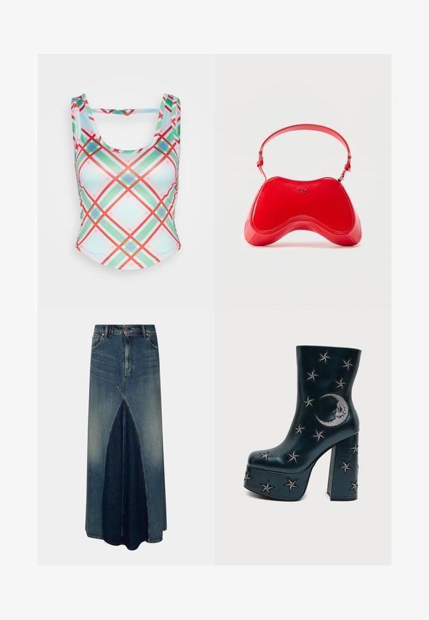 Neon & Nylon AUDREY CUTOUT BUCKLE - Débardeur - aruba blue multi; Jupe maxi en denim bleu avec pli inversé à l'avant, passants de ceinture, fermeture par bouton et zip, et délavage pâli.; Botte noire à plateforme avec talon bloc, décorée d'étoiles brodées argentées et d'un croissant de lune sur le côté.; Sac en cuir verni rouge avec une forme incurvée et ergonomique, doté d'une fine sangle réglable et d'un discret logo sur le devant.