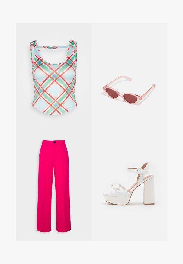 Neon & Nylon AUDREY CUTOUT BUCKLE - Μπλούζα - aruba blue multi; Φουξία παντελόνια με φαρδιά πόδια και ψηλή μέση, με πιέτες μπροστά και έναν μόνο μαύρο κουμπί κλείσιμο. Λείο υλικό και κομψή σχεδίαση.; Λευκά σανδάλια πλατφόρμας με χοντρό τακούνι, featuring σατέν επάνω μέρος με λεπτομέρεια κόμπου και αγκράφα στον αστράγαλο.; Ροζ διαφανή γυαλιά ηλίου με ωοειδείς φακούς, σκούρο κόκκινο τόνισμα και κομψούς βραχίονες, με απαλή υφή και διακριτές λεπτομέρειες στο σκελετό.