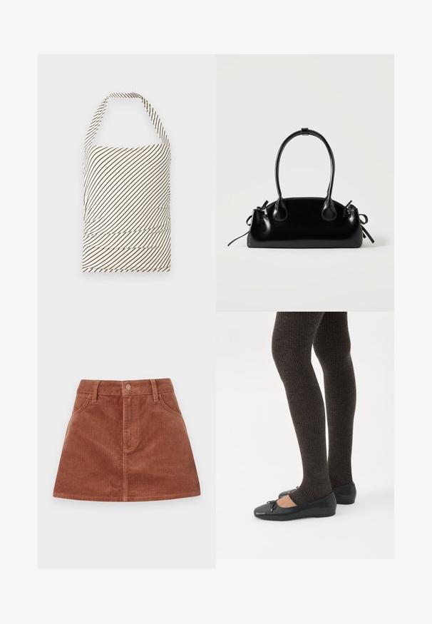 Haut sans bretelles en tissu avec une base crème clair et des rayures diagonales marron foncé. Présente un ruché à la taille et un col halter.; Jupe mini en velours côtelé marron avec texture à côtes verticales, poches avant, fermeture à bouton et coupe droite.; Jambes portant des leggings côtelés foncés associés à des ballerines noires avec de petits détails en nœud sur fond blanc.; Petit sac à main noir brillant avec deux longues anses et des détails à cordon sur les côtés sur un fond clair uni.