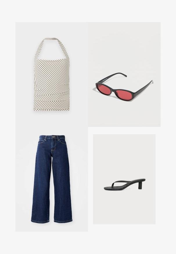 Stropeløs top lavet af stof med en lys cremefarvet bund og mørkebrune skrå striber. Har rynkning ved taljen og halterneck.; Mørkeblå vide jeans lavet af denim, med knap- og lynlåslukning, bæltesløjfer og klassisk fem-lomme design.; Sort hælsandal med tynde remme og tekstureret sål, med en lav cylindrisk hæl på en ensartet lys baggrund.; Sorte ovale solbriller med tynde arme og rødtonede linser, der ligger på en hvid overflade.