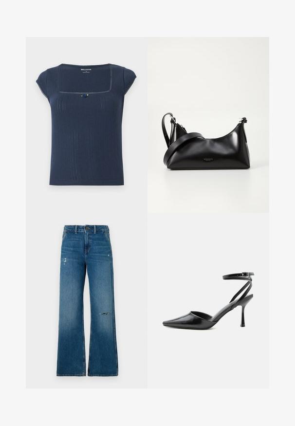 Un haut côtelé bleu marine avec un décolleté carré, des manches courtes et un accent décoratif bleu et vert près du décolleté.; Jean en denim bleu à jambes larges avec une texture délavée, présentant deux zones usées sur le devant, une fermeture à bouton et un design à cinq poches.; Escarpin noir à bout pointu avec fines brides de cheville et fermeture à boucle argentée sur fond clair uni.; Sac à main en cuir noir avec une texture lisse. Dispose d'une bandoulière adjustable et d'un design élégant et minimaliste avec une fermeture éclair.