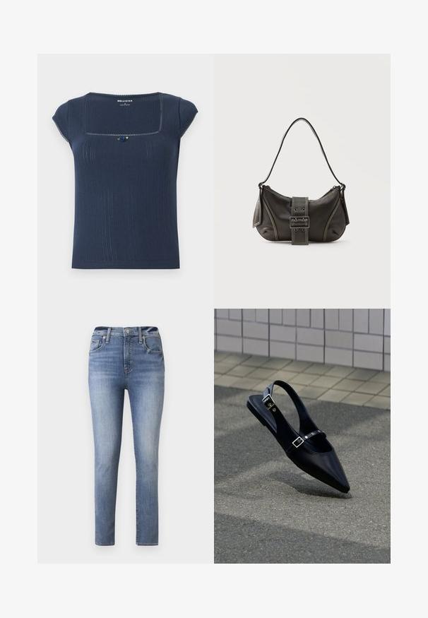 Un haut côtelé bleu marine avec un décolleté carré, des manches courtes et un accent décoratif bleu et vert près du décolleté.; Jean taille haute bleu clair avec une coupe slim, dotée de cinq poches et d'une fermeture éclair, fabriquée en denim avec une texture lisse.; Mocassin noir à bout pointu et bride arrière, avec double boucle, posé sur un asphalt gris près d'un mur carrelé en arrière-plan.; Sac à épaule en cuir noir avec une sangle à boucle, des bords arrondis et des coutures blanches contrastées sur un fond uni.