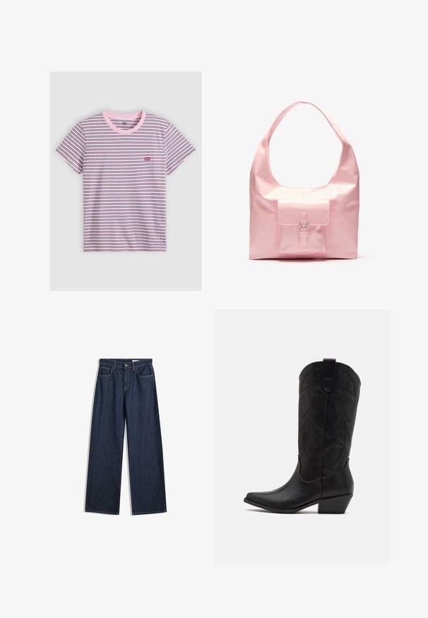 Kortærmet T-shirt med rund hals og tynde horisontale striber i hvid, pink, sort og blå, med et lille rødt Levi's-logo på brystet.; Bredde ben mørke denimjeans med fem lommer, synlig syning og knaplukning. Har en lige pasform og let slid.; Sort læder cowboystøvle med spids tå, lav stablet hæl og indviklet præget bladmønster på skaftet. Strop øverst for nem påtagning.; Lyserød håndtaske med en blank finish, stor skulderrem, forlommer med dekorativ spænde detalje. Glat tekstur, minimalistisk design.