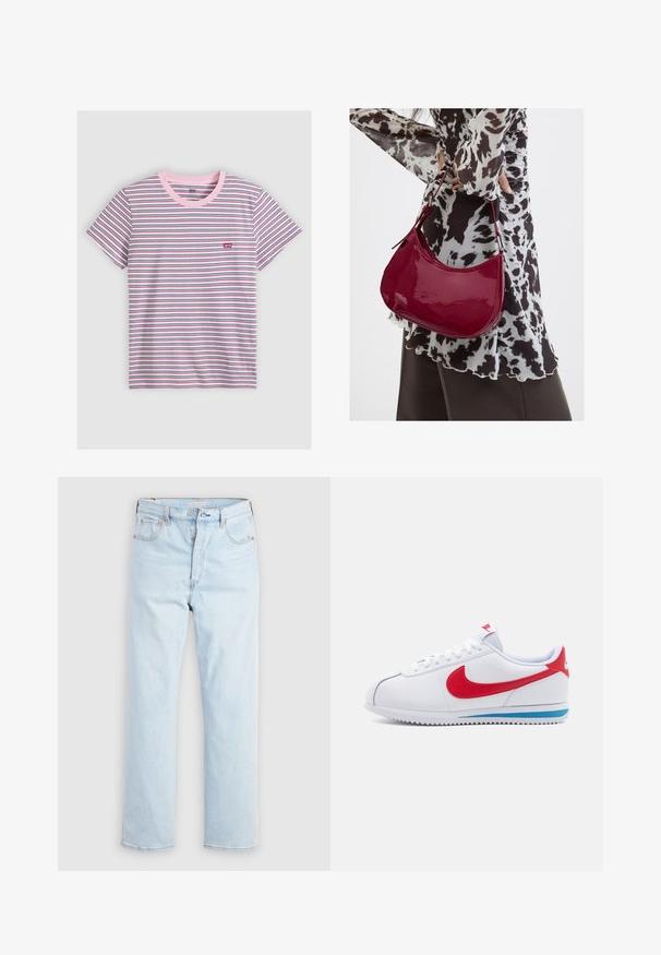 T-shirt met korte mouwen en ronde hals met dunne horizontale strepen in wit, roze, zwart en blauw, met een klein rood Levi's-logo op de borst.; Lichtblauwe high-waist jeans met rechte pijpen, knoopsluiting en voor- en achterzakken op een effen witte achtergrond.; Witte sneaker met een rode swoosh, blauwe accenten op de zool en witte veters. Gefesteerde bovenkant met gestikte details. Klassiek ontwerp.; Vrouw met een zwart-wit gebloemde blouse houdt een glanzende rode schoudertas vast tegen een effen achtergrond.