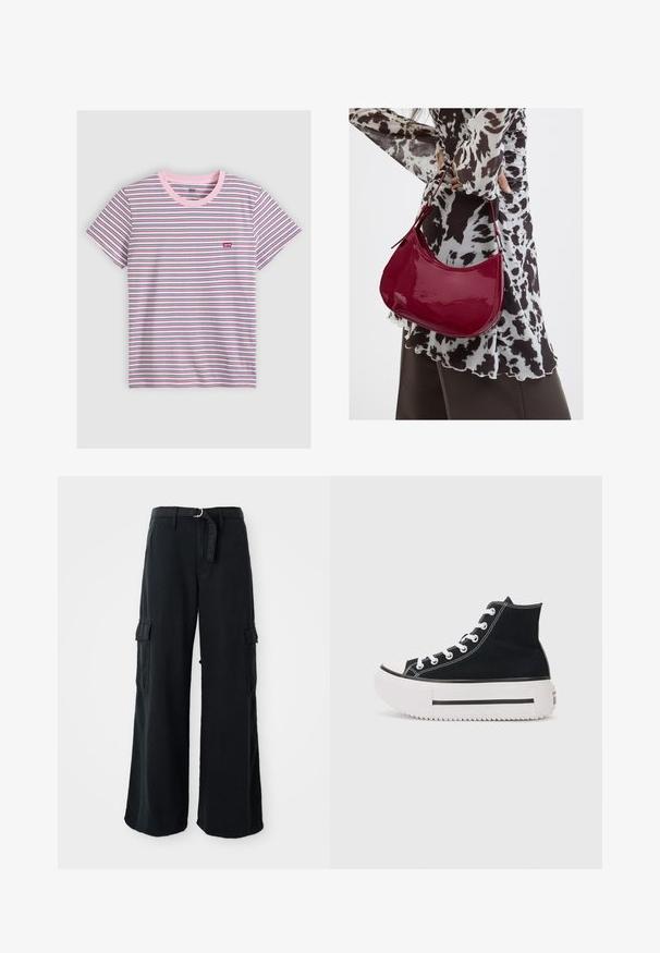 Kurzärmeliges T-Shirt mit Rundhalsausschnitt und dünnen horizontalen Streifen in Weiß, Pink, Schwarz und Blau, mit einem kleinen roten Levi's-Logo auf der Brust.; Schwarze, weit geschnittene Cargo-Hosen aus Baumwolle mit einem Bindegürtel, ausgestattet mit zwei Seitentaschen und einer glatten Stoffstruktur.; Schwarze High-Top-Sneaker aus Canvas, mit weißen Nähten, Gummikappe, dicker weißer Plateausohle und schwarzen Streifen-Details.; Frau trägt eine schwarz-weiß gemusterte Bluse und hält eine glänzende rote Schultertasche vor einem einfarbigen Hintergrund.