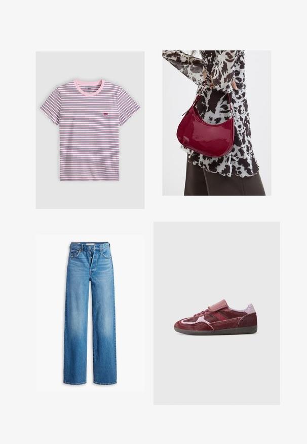 T-shirt met korte mouwen en ronde hals met dunne horizontale strepen in wit, roze, zwart en blauw, met een klein rood Levi's-logo op de borst.; Blauwe spijkerbroek met een hoge taille, wijde pijpen en vijf-pocketstijl. Voorzien van een knopenfly en een vervaagde afwerking.; Rode suède sneakers met een gladde neus, textuurpanelen aan de zijkanten, tonale veters en een klittenbandsluiting. Heeft een duurzame zwarte rubberen buitenzool.; Vrouw met een zwart-wit gebloemde blouse houdt een glanzende rode schoudertas vast tegen een effen achtergrond.