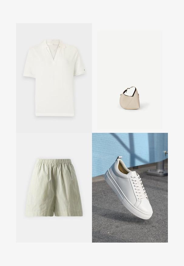 Polo blanc à manches courtes avec col en V, col et petit logo sur la manche gauche.; Shorts en coton vert clair présentant des rayures blanches verticales, une taille élastique et une coupe ample et décontractée. Texture lisse.; Baskets blanches en cuir avec des lacets plats, bout rond, semelle en caoutchouc et une petite languette au talon. Texture lisse avec des détails de design minimalistes.; Sac à main en cuir beige en forme de croissant avec une seule bandoulière et des coutures minimalistes, posé sur un fond blanc uni.
