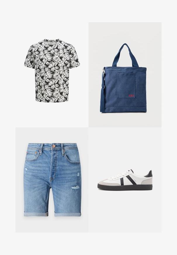 T-shirt à manches courtes en tissu doux avec un fond noir et un motif de feuilles blanches. Encolure ronde, coupe décontractée.; Shorts en denim bleu clair avec des détails déchirés, des ourlets retroussés, cinq poches et une fermeture à bouton. Fabriqués en tissu doux et respirant.; Baskets blanches avec des accents noirs et gris, présentant un embout texturé gris, une semelle en caoutchouc noir et des lacets plats blancs. Design épuré, style minimaliste.; Sac fourre-tout en toile bleue avec poche frontale et broderie rouge "O.N.S", doté de doubles poignées et d'une bandoulière réglable.