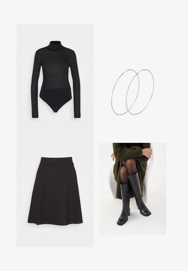 Anna Field by Zalando Langarmshirt - black; Schwarzer, ausgestellter Rock aus einem weichen Stoff mit glatter Textur. Verfügt über einen breiten Bund und fällt bis zur Mitte des Oberschenkels.; Knöchelhöhe schwarze Lederstiefel mit quadrater Spitze und Blockabsatz, gezeigt mit einem Modell, das einen olivgrünen Mantel trägt. Glatte Textur, minimale Details.; Silberne Creolen mit minimalistischem Design. Rundform, glatte Oberfläche und dünnes Profil. Leichtgewichtig mit hochglänzender Oberfläche.