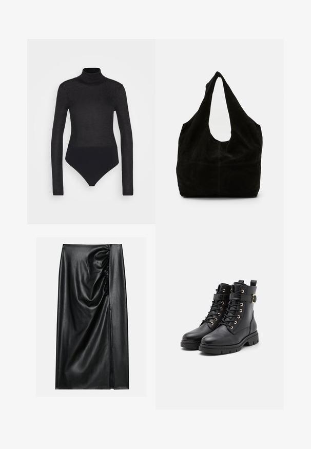Anna Field by Zalando Langærmet T-shirt - black; Sort læderskirt med en glat overflade, der har en indsamlet sektion på den ene side og en skråning på siden for ekstra detaljer.; Sorte læder ankelstøvler med rund tå, snøredesign, gyldne øsken, spændeaccent og en chunky, tekstureret sål.; Sort ruskind skuldertaske med en afslappet design, en bred, buet strop og et sømløst udseende med minimal syning.