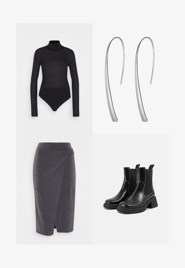 Anna Field by Zalando Langarmshirt - black; Dunkelgrauer, knielanger Bleistiftrock aus schimmerndem Stoff mit gedrehtem Knoten-Detail an der Taille und einem seitlichen Schlitz. Glatte Textur.; Schwarze Leder Chelsea-Stiefel mit einem klobigen Absatz, elastischen seitlichen Einsätzen und kontrastierendem weißen Nähten. Strukturierte Oberfläche.; Lange silberne Tropfohrringe mit einem eleganten, länglichen Design und einer glatten, polierten Oberfläche. Sie verfügen über eine minimalistische geschwungene Form.