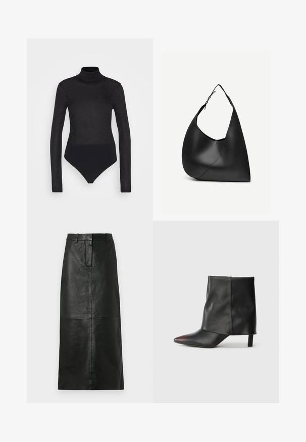 Anna Field by Zalando Μπλούζα με μακριά μανίκια - black; Μαύρη δερμάτινη φούστα μέχρι το γόνατο με θηλιές για ζώνη και λεπτομέρεια ραφής μπροστά, εκτεθειμένη σε λευκό φόντο.; Μαύρο μποτάκι αστραγάλου από λείο δέρμα με μυτερό δάχτυλο και λεπτό τακούνι. Το πάνω μέρος έχει ελαφρώς μαζεμένο σχέδιο.; Μαύρη δερμάτινη τσάντα ώμου με καμπυλωτό τριγωνικό σχήμα, μονό ρυθμιζόμενο λουράκι και ορατή διαγώνια ραφή στο μπροστινό μέρος.