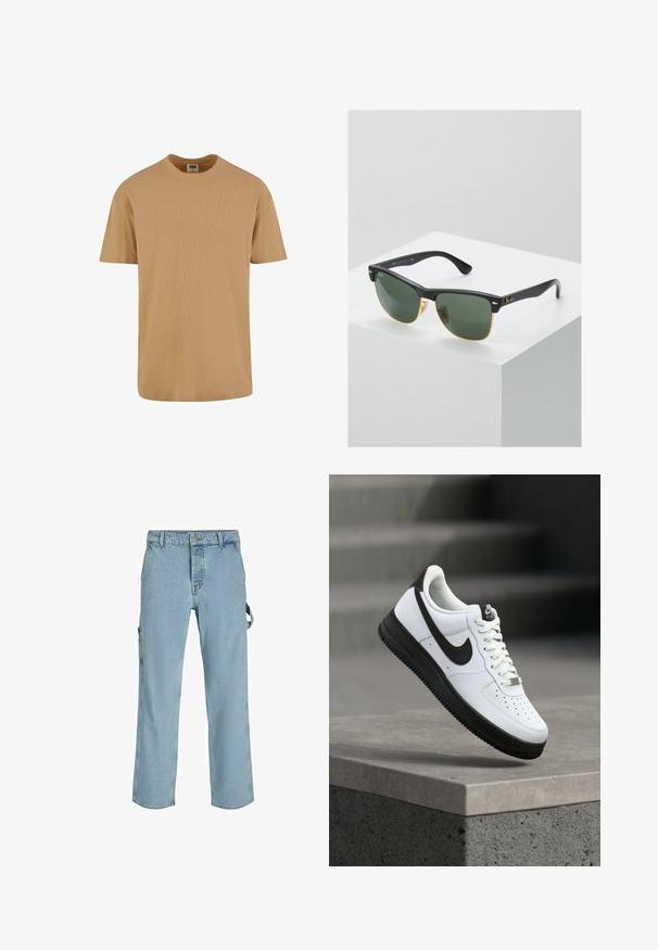 Urban Classics SHORTSLEEVE - Camiseta básica - unionbeige; Pantalones cargo de mezclilla azul claro con un corte relajado, que cuentan con lazos de sujeción laterales y bolsillos frontales, mostrando una textura desgastada.; Zapatilla deportiva de cuero blanco con detalles en negro, punta redondeada y detalles perforados. Suela de goma negra con patrón texturizado y cierre de cordones.; Gafas de sol Ray-Ban con lentes verdes, montura de plástico negro y acentos dorados en los bordes. Forma cuadrada con acabado mate.