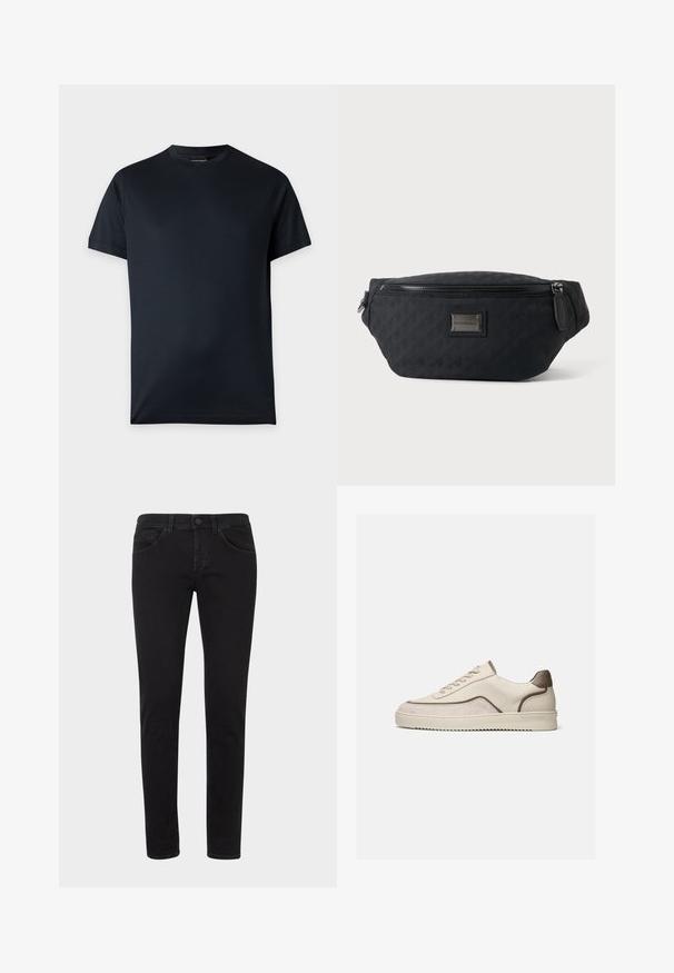 T-shirt noir uni à manches courtes et col rond avec un petit logo près de l'ourlet sur un fond gris clair.; Jean en denim noir à coupe slim, avec un design classique à cinq poches, passants pour ceinture et fermeture à boutons sur le devant. Texture lisse avec un léger effet délavé.; Baskets basses beiges à lacets, panneaux en suède et cuir, semelle en caoutchouc rainurée sur fond blanc uni.; Sac banane en tissu noir avec fermeture éclair frontale et petite plaque métallique du logo au centre, présenté sur un fond uni.