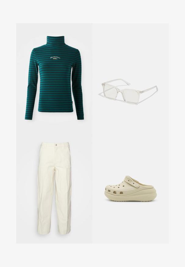 Top à manches longues et col roulé en teal avec des rayures horizontales bleu foncé. Présente un petit logo blanc et doré sur la poitrine. Tissu doux et extensible.; Pantalons utilitaires beige clair avec une coupe décontractée, fermeture à bouton et poches plaquées à l'avant. Fabriqués en tissu de coton durable.; Sabot beige à enfiler avec dessus perforé, bride réglable et semelle épaisse et coussinée, conçu pour un confort décontracté.; Lunettes carrées en plastique transparent avec des verres translucides, dotées d'accents dorés sur les branches pour plus de détails.