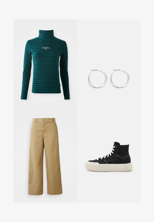 Langærmet turtleneck top i teal med mørkeblå vandrette striber. Har et lille hvidt og guld logo på brystet. Blødt, strækbart stof.; Beige bredde bukser lavet af en blanding af bomuldsstof, med knaplukning, bæltestropper og forlommer.; Sorte kanvas høj-top sneakers med hvide snørebånd, tyk creme sål, kontrasterende syninger og en rund tådesign.; Sølv hoops øreringe har et glat, afrundet design med en slank profil og sikker spænde. Minimalistisk stil med en poleret finish.