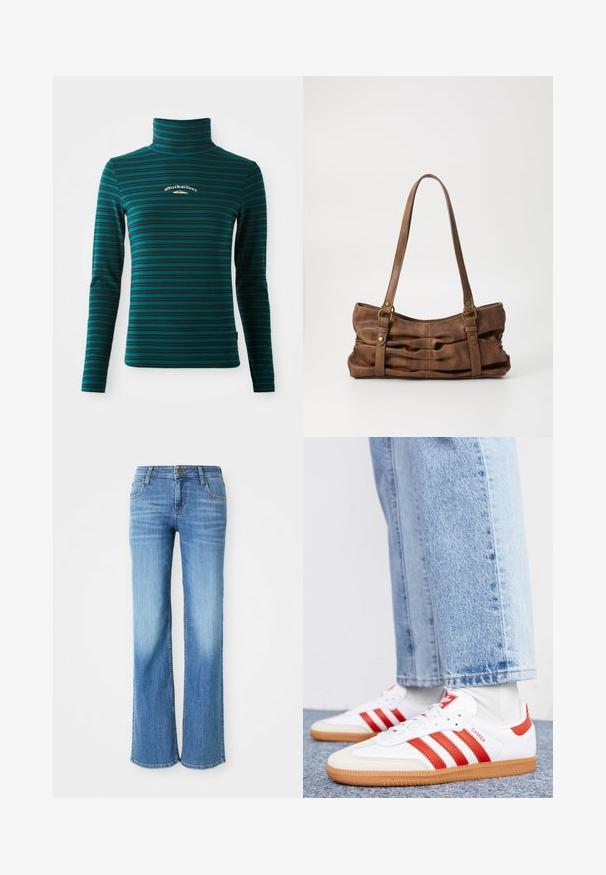 Pitkähihaisen turtleneck-paitaan teal-värissä, jossa on tummansinisiä vaakaraitoja. Rinnassa pieni valkoinen ja kultainen logo. Pehmeä ja joustava kangas.; Vaaleansiniset farkut, joissa on suora lahje, viisi taskua ja klassinen napitus, sekä merkkitagilla varustettu vyötärönauha.; Valkoiset nahkakengät, joissa on punaiset raidat ja yksityiskohdat. Varustettu puurakenteisella kumipohjalla ja pehmustetulla kauluksella. Yhdistetty vaaleansinisiin farkkuihin.; Even&Odd Käsilaukku - brown