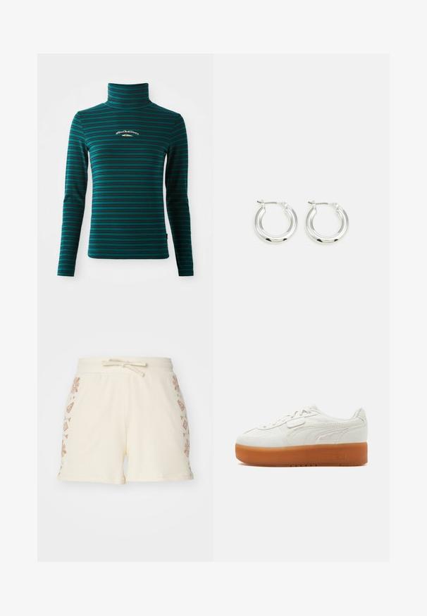 Langærmet turtleneck top i teal med mørkeblå vandrette striber. Har et lille hvidt og guld logo på brystet. Blødt, strækbart stof.; Cremefarvede ribbede shorts med snørelukning i taljen, der har dekorative brune blomster- og geometriske mønstre på siderne.; Hvid lavsko med tyk brun gummisål, syningsdetaljer på siden og snørelukning med lille velcrostykke.; Sølv hoop-øreringe med en poleret finish, der har en cirkulær form og en hængslet lukning. Glat tekstur med minimal detaljering.