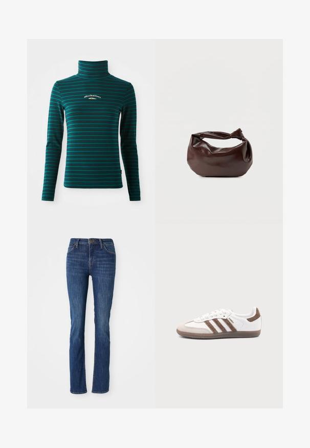 Langsleeve coltrui in teal met donkerblauwe horizontale strepen. Heeft een klein wit en goud logo op de borst. Zachte, rekbare stof.; Blauwe straight-leg jeans met lichte vervaging, voorzakken, riemlussen en een knoopsluiting op een witte achtergrond.; Witte Adidas Samba sneaker met bruine suède strepen, bruine rubberen zool en beige suède neuskap, getoond vanaf de buitenkant op een effen achtergrond.; Donkerbruine leren schoudertas met een zachte, slungelige vorm en een gedraaide knoopvormige handgreep op een effen witte achtergrond.