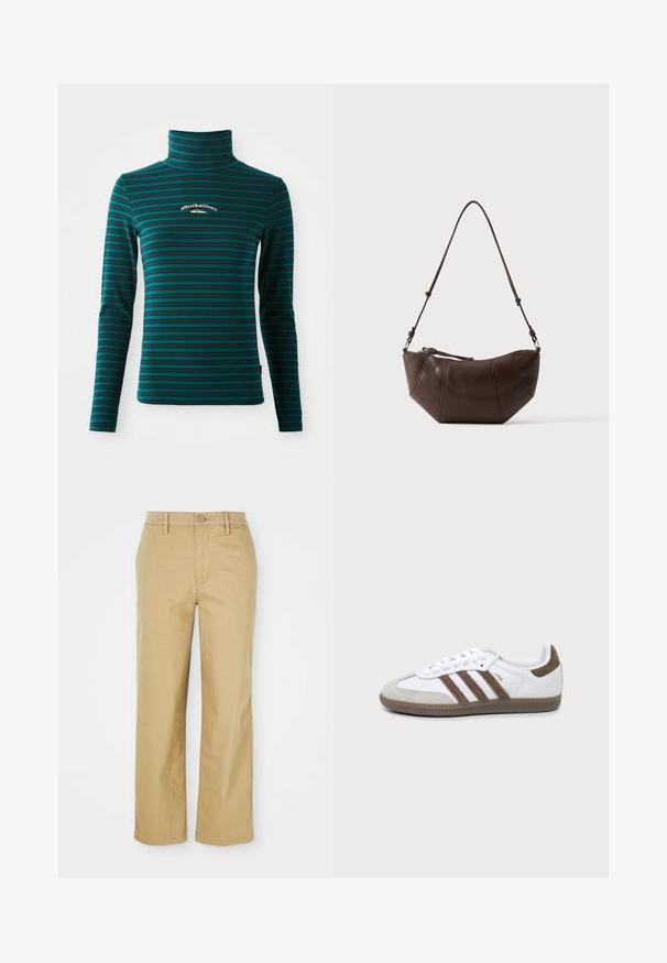 Langærmet turtleneck top i teal med mørkeblå vandrette striber. Har et lille hvidt og guld logo på brystet. Blødt, strækbart stof.; Beige bomuldsbukser med lige ben design. Har en knaplukning, bæltestropper og frontlommer, letvægts tekstur.; Hvid og brun Adidas Samba sneaker med tre brune striber, snørebånd og tekstureret sål vist fra siden på en ensfarvet baggrund.; Brun læder skuldertaske med buet bund og justerbar rem mod en ensfarvet lys baggrund.