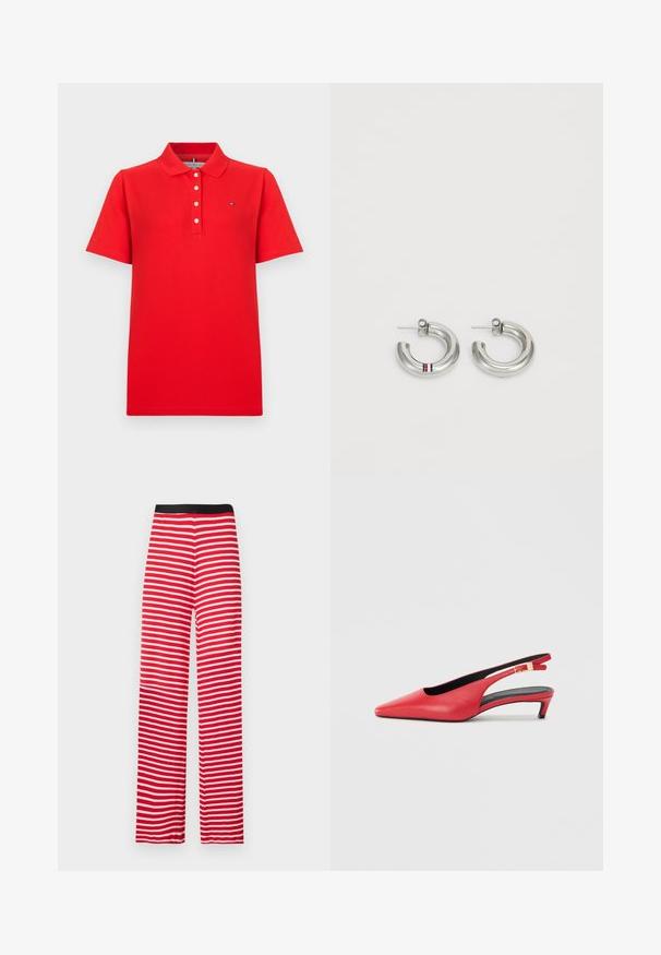 Polo rouge à manches courtes avec col, quatre boutons blancs et un petit logo sur le côté gauche de la poitrine sur un fond gris clair uni.; Pantalons ample rayés rouges et blancs avec une ceinture élastique noire, fabriqués en tissu doux, présentant des rayures horizontales uniformes.; Escarpins à talon slingback en cuir rouge avec un bout pointu, featuring un petit talon et un accent de boucle sur la sangle. Texture lisse.; Boucles d'oreilles en argent avec un design lisse et arrondi, accentuées par une petite rayure rouge, blanche et bleue. Fermoir à tige sécurisé.