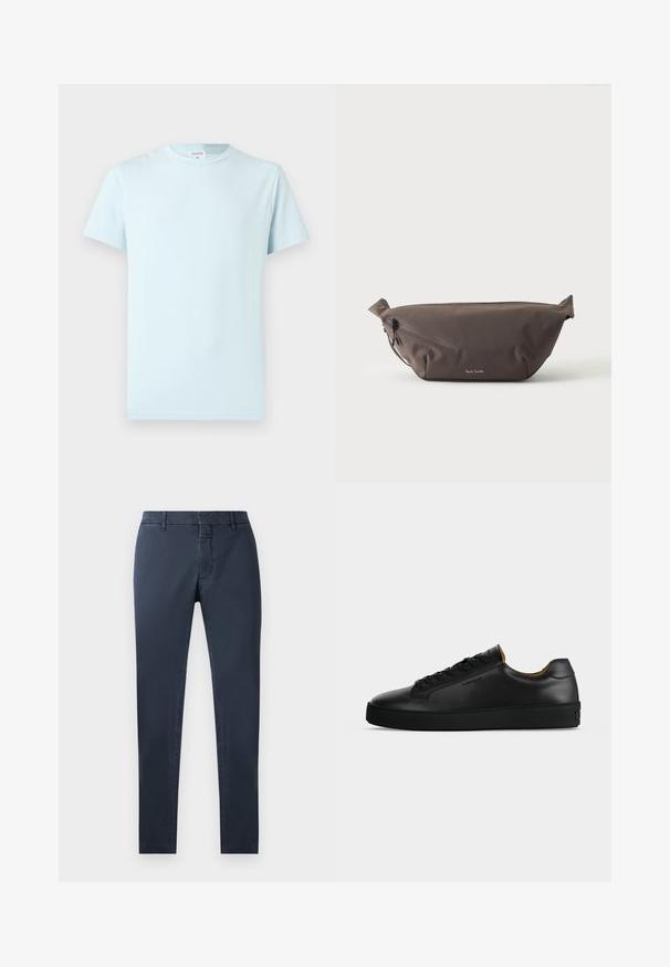 Lichtblauw T-shirt met korte mouwen gemaakt van zacht katoen. Voorzien van een klassieke ronde hals en een minimalistisch ontwerp, zonder patronen of accenten.; Marineblauwe broek met een slim fit, gemaakt van een katoenen mengsel. Voorzien van een standaard tailleband, een voorkeursrits en zijzakken.; Zwarte lage leren sneaker met zwarte veters, gestructureerde rubberen zool en klein geperst logo aan de zijkant, zijaanzicht tegen een grijze achtergrond.; Donkerbruine stoffen heuptas met diagonale ritssluiting en klein wit logo aan de voorkant, tegen een effen lichte achtergrond.