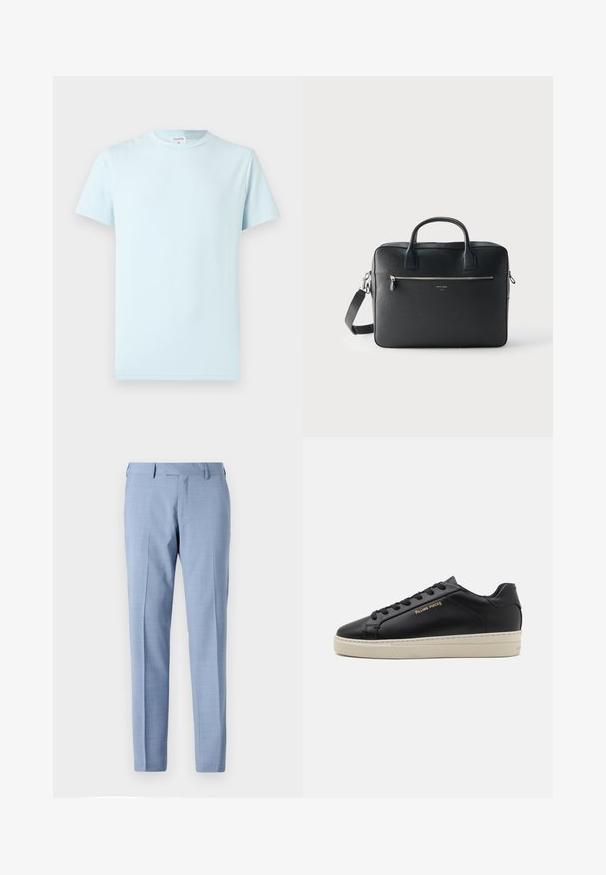 Hellblaues T-Shirt mit kurzen Ärmeln aus weicher Baumwolle. Verfügt über einen klassischen Rundhalsausschnitt und ein minimalistisches Design ohne Muster oder Verzierungen.; Hellblaue, maßgeschneiderte Hose mit flacher Vorderseite, Seitentaschen, Gürtelschlaufen und geradem Bein vor schlichtem Hintergrund.; Schwarze Leder-Sneaker mit glatter Oberfläche, kontrastierender cremefarbener Sohle, abgerundeter Spitze, goldfarbenem Logo an der Seite und sechs Ösen für die Schnürsenkel.; Schwarze rechteckige Lederaktentasche mit zwei Griffen, frontaler Reißverschlusstasche und abnehmbarem Schulterriemen vor schlichtem hellem Hintergrund.
