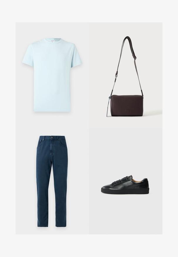 T-shirt bleu clair à manches courtes en coton doux. Il présente un col rond classique et un design minimaliste, sans motifs ni accents.; Jean droit bleu marine avec boutons à l'avant, passants de ceinture et coutures visibles sur les poches et les coutures.; Baskets en cuir noir avec une texture lisse, bout rond et fermeture à lacets. Comprend une semelle en caoutchouc épaisse et un minimum de détails de marque.; Sac bandoulière en cuir marron foncé texturé avec une sangle réglable et un petit accent décoratif bleu sur le côté.