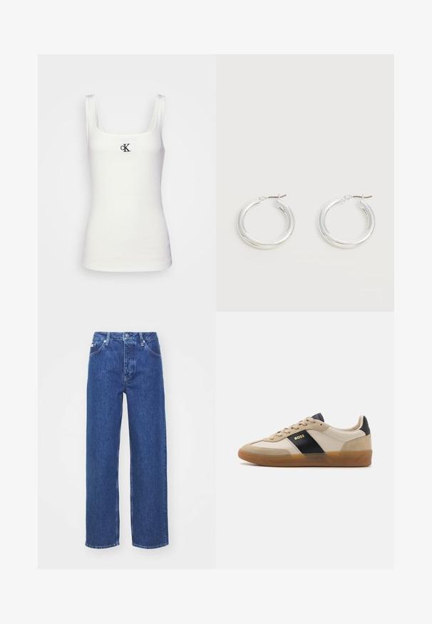 Witte katoenen tanktop met een vierkante halslijn en smalle schouderbanden. Bevat een klein zwart geborduurd CK-logo aan de voorkant.; Blauwe denim wijde benen jeans met een hoge taille, voorzien van een rits en knoopsluiting, riemlussen en subtiele vervagingdetails op de stof.; BOSS BRENTA - Sneakers laag - medium beige; Een paar middelgrote glanzende zilveren oorringen met dunne metalen sluitingen op een lichte neutrale achtergrond.