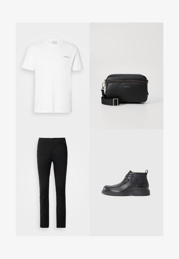 Weißes Baumwoll-T-Shirt mit kurzen Ärmeln und Rundhalsausschnitt. Mit einem kleinen schwarzen "Calvin Klein"-Logo auf der linken Brust.; Schwarze Hose mit geradem Schnitt, aus glattem Stoff. Verfügt über einen normalen Bund mit einem Reißverschluss vorne und einem kleinen Markenschild an der Seite.; Schwarze Leder-Stiefel bis zur Knöchel mit runder Zehenform, Schnürdesign und einer Ziehlasche auf der Rückseite. Strukturiertes Obermaterial und Gummisohle.; Schwarze Leder-Crossbody-Tasche mit zwei Reißverschlussfächern, strukturiertem Finish, verstellbarem Tragegurt und silbernen Hardware-Details. Calvin Klein-Logo angebracht.