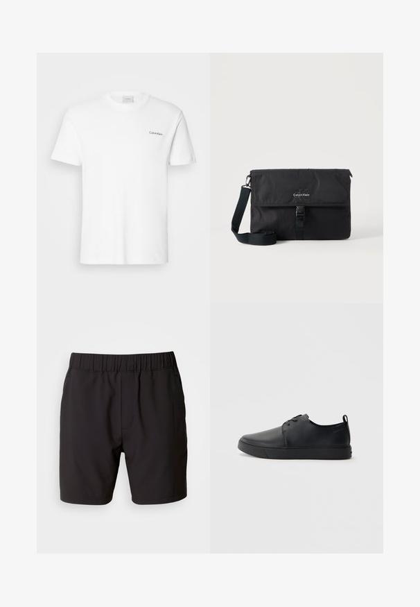 Weißes Baumwoll-T-Shirt mit kurzen Ärmeln und Rundhalsausschnitt. Mit einem kleinen schwarzen "Calvin Klein"-Logo auf der linken Brust.; Schwarze Shorts aus elastischem Stoff mit einem elastischen Bund, Seitentaschen und einem schlichten, klaren Design. Keine Muster oder Verzierungen.; Schwarze Leder-Sneaker mit glatter Oberfläche, abgerundeter Zehenpartie, gleichfarbiger Nähte, schnürbarem Vorderteil und flacher Gummisohle. Schlaufe an der Ferse.; Schwarze Calvin Klein Umhängetasche mit verstellbarem Schultergurt und vorne mit einer Schnalle gesicherter Klappe, vor neutralem Hintergrund präsentiert.