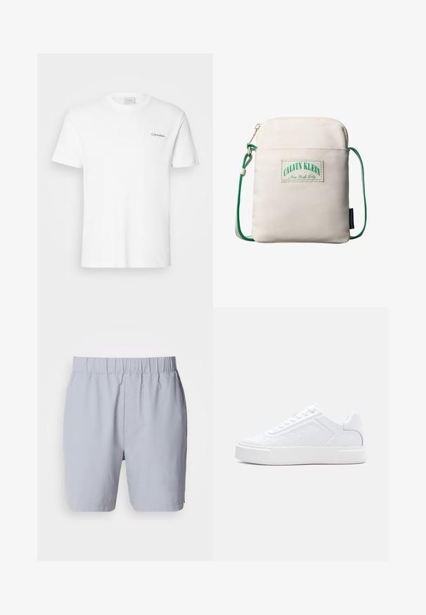 Valge puuvillasest T-särk lühikäistega ja ümarkaelusega. Vasakul rinnal on väike must "Calvin Klein" logo.; Heledhall toonides ujumispüksid elastse vöökohaga, kaks küljetaskut ja sile ning kerge kangas. Nähtavad mustrid või kaunistused puuduvad.; Valge madala säärega spordijalats, millel on reljeefne geomeetriline muster, paeltega kinnituv ja paks tald, esitatud küljelt valgel taustal.; Väike beež õlakott rohelist reguleeritavat nööri rihmaga, esiküljel luku- tasku ja Calvin Kleini New York City logo plaastriga.