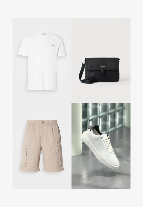 Biela bavlnená tričko s krátkymi rukávmi a okrúhlym výstrihom. Na ľavej strane hrude sa nachádza malé čierne logo "Calvin Klein".; Béžové cargo šortky s elastickým pásom, zapínaním na gombík, dvoma bočnými vreckami a ďalšími vreckami na stehnách. Ľahká látka.; Biela nízka teniska s čiernou textúrovanou pätkou, bielymi šnúrkami a hrubou podrážkou na leštenej betónovej podlahe pri sklenených blokoch.; Čierna messenger taška Calvin Klein s nastaviteľným ramenným remienkom a predným prekrytím zabezpečeným prackou, zobrazená na jednoduchom pozadí.
