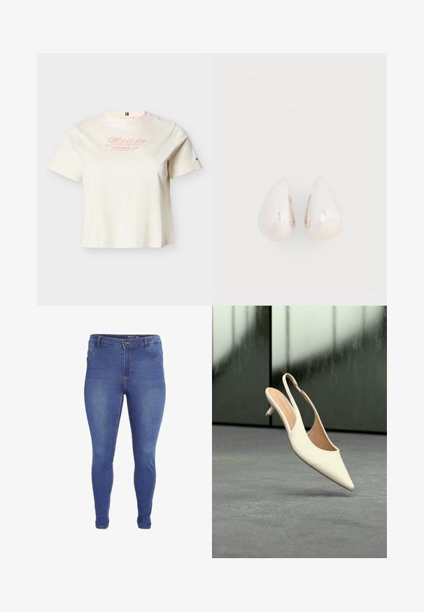 Cremefarvet kortærmet t-shirt med rund halsudskæring med "Tommy Hilfiger, Co. Los Angeles, CA USA" i rød tekst foran og lille logo på venstre ærme.; Blå skinny jeans med forlommer, bæltestropper, knaplukning og let falmet effekt på lår og knæ.; Beige slingbacks til kvinder med spids tå og lav kitten-hæl, der svæver over en grå gulv med en sløret mørk baggrund.; Sølvmetal dråbeøreringe med en glat, reflekterende overflade og tåreform, der har et sammenhængende design uden synlige udsmykninger.
