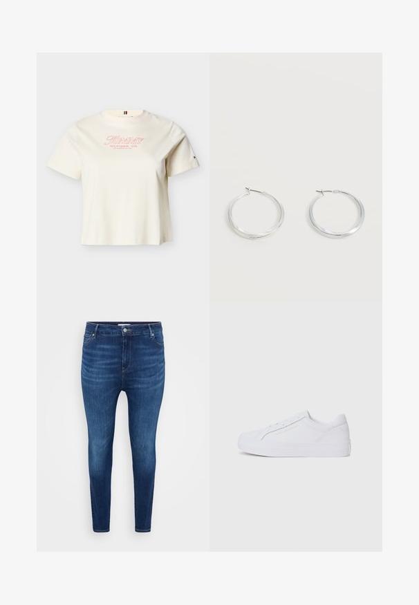 Cremefarbenes kurzärmeliges T-Shirt mit Rundhalsausschnitt, vorne mit "Tommy Hilfiger, Co. Los Angeles, CA USA" in rotem Text und kleinem Logo am linken Ärmel.; Dunkelblaue Skinny-Jeans mit vorderen Taschen, Gürtelschlaufen und einem Knopfverschluss auf einem schlichten hellen Hintergrund.; Tommy Hilfiger TH PLATFORM - Sneaker low - white; Silberne Metallcreolen mit glatter, leicht gebogener Oberfläche und Klappverschluss vor schlicht weißem Hintergrund.