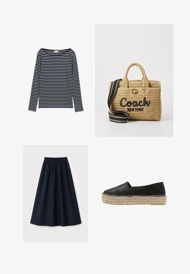 Navy en witte gestreepte langarmshirt met een brede halslijn, gemaakt van een zacht materiaal, met gelijkmatig verdeelde horizontale strepen.; Marineblauwe rok gemaakt van gladde stof, voorzien van een elastische tailleband, uitlopende pasvorm en een knielengte. Geen patronen of accenten zichtbaar.; Espadrij l´originale CLASSIC HIGH - Espadrilles - noir; Geweven rieten handtas met dubbele handvatten bovenaan, zwart geborduurd "Coach New York" logo, gouden hardware en een afneembare gestreepte schouderriem.