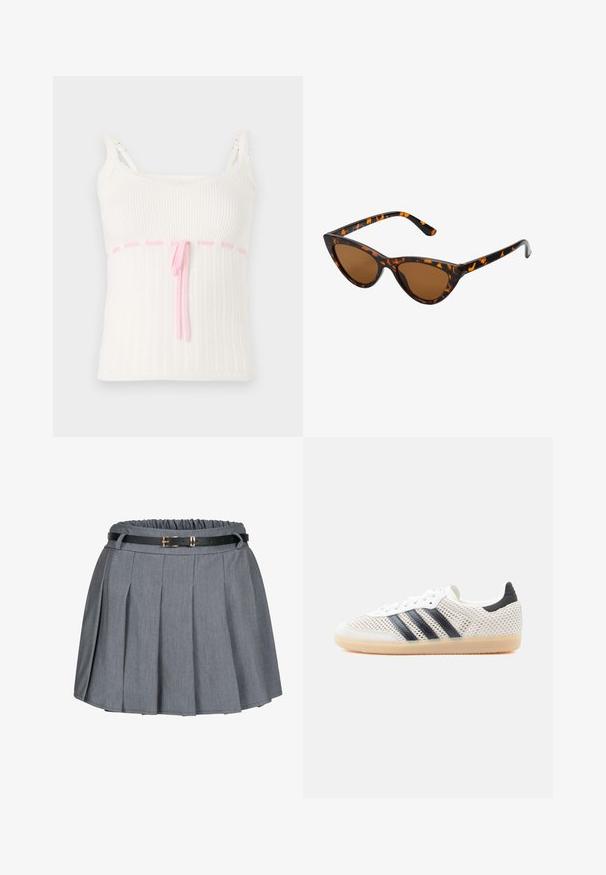 Hvid ribbet tanktop med en tætsiddende pasform, der har en pink snoreliv og blonder trim på stropperne. Tekstur med et subtilt mønster.; Grå plisseret nederdel med en samlet talje og et sort bælte med en guldbuckle detalje. Blødt stof med en glat tekstur.; Hvide mesh-sneakers med sort tre-stribet design, rundet tå og gummisål. Har blød hælkant og snørelukning.; Kat-ejede solbriller med en sort og orange skildpaddemønstret stel, brune linser og slanke, spidse ender. Har et minimalistisk logo på skabelsen.