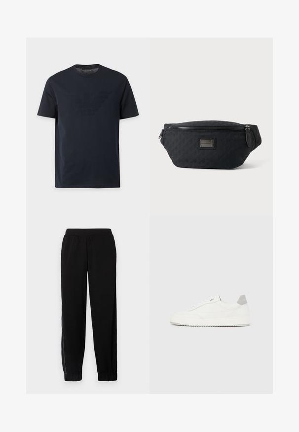 Sort T-shirt med korte ærmer og rund halsudskæring med et diskret præget ørnelogo på brystet og et mærke med brandnavn indeni kraven.; Sorte joggingbukser lavet af blødt stof, med elastisk talje, afsluttede benkant og sidenetpaneler for ekstra ventilation.; Hvid lavtop-sneaker med gråt hælflig, hvide snørebånd og tekstureret sål, vist på en ensfarvet lys baggrund.; Sort stof talje taske med lynlås foran og lille metal logo plade i midten, vist mod en ensfarvet baggrund.