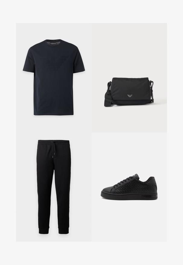T-shirt noir à manches courtes avec col rond, comportant un logo aigle en relief discret sur la poitrine et une étiquette de marque à l'intérieur du col.; Pantalons de jogging noirs en tissu doux avec une taille élastique et un cordon de serrage. Présente des jambes fuselées avec des poignets côtelés.; Baskets basses noires avec motif texturé sur le côté, lacets sur le devant et semelle en caoutchouc plate, présentées de profil sur un fond uni.; Sac bandoulière noir avec sangle réglable et petit emblème logo argenté sur le rabat avant, présenté sur un fond clair uni.