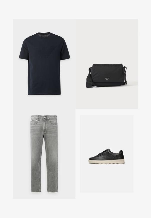 Zwart T-shirt met korte mouwen en ronde hals, met een subtiel reliëf adelaarlogo op de borst en een merklapje binnenin de kraag.; Grijze denim jeans met een rechte pijp, voorzien van een klassiek vijf-pocket ontwerp en subtiele vervaging voor textuur. Standaard ritsopening.; Zwarte lage leren sneaker met zwarte veters en een dikke off-white rubberen zool, getoond op een witte achtergrond.; Zwarte crossbodytas met verstelbare band en klein zilverkleurig logo-embleem op de voorflap, afgebeeld op een effen lichte achtergrond.