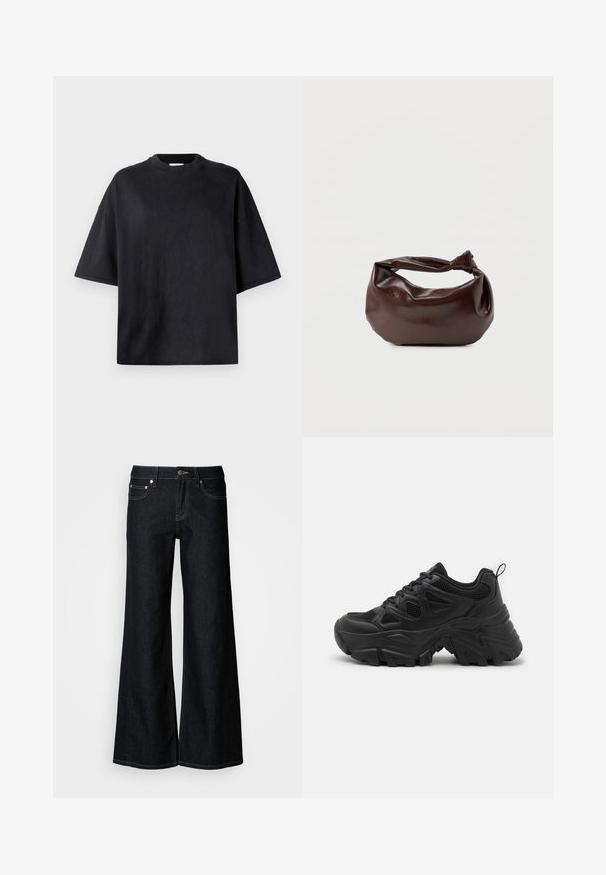 Schwarzes, übergroßes T-Shirt aus weicher Baumwolle. Mit rundem Halsausschnitt, kurzen Ärmeln und glatter Textur. Keine sichtbaren Muster oder Akzente.; Dunkelblaue Jeans mit weitem Bein, hoher Taille, fünf Taschen und kontrastierenden gelben Nähten entlang der Nähte.; Schwarze Sportschuhe mit einem strukturierten Mesh-Obermaterial, einer gewölbten Gummisohle und einem auffälligen Profilmuster. Mit integriertem Schnürsystem und Zuglasche.; Dunkelbraune Lederschultertasche mit weicher, lockerer Form und einem gedrehten Knotengriff vor schlichtem weißem Hintergrund.