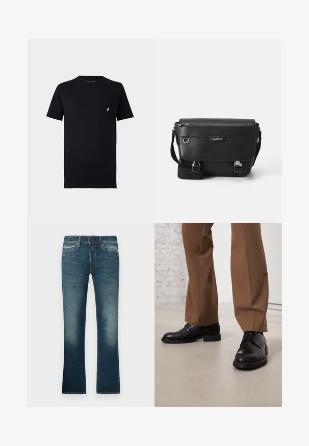 Sort bomulds t-shirt med kortærmer, rund hals og en forlommer med et lille hvidt fuglelogo. Blød tekstur og enkelt design.; Blå denim jeans med en falmet vask, der har fem lommer, lynlåslukning og lige ben-design. Syede sømme i kontrasttråd.; Sorte læder sko med glat overflade og rund tå, der har snørebåndslukning og en lav, flad sål. Sammen med brune bukser.; Sort tekstureret Lacoste messengertaske med justerbar rem, frontklap, lynlås lomme og metalspænder.