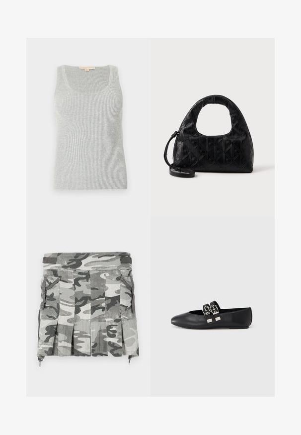 Grå ribstrikket tanktop med rund halsudskæring, lavet af et struktureret strikket stof. Har en tætsiddende silhuet og minimal syning.; Camouflage-mønstret nederdel i nuancer af grå og sort, med plisseringer, to sidelommer og en lynlåslukning ved kanten.; Sort flad sko i læder med spids snude og to sølvfarvede spænder over vristen, fotograferet mod en ensartet lys baggrund.; Sort læderhåndtaske med et buet topgreb, subtil diamantmønster og en aftagelig rem. Teksturen er glat med prægede detaljer.