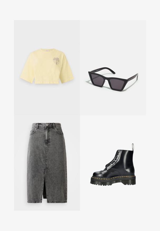 Lichtgele cropped T-shirt met brede korte mouwen en een kleine palmboom afbeelding op de linkerborst.; Hoge taille, vervaagde zwarte denim midi-jurk met een split aan de voorkant, riemlussen en een klassieke vijf-pocket ontwerp.; Zwarte leren enkellaars met een stevige profielzool, voorzien van decoratieve veters, een gele gestikte rand en een trekloopje aan de hiel.; Zwarte, hoekige zonnebril met grijze lenzen; gemaakt van plastic, met dikke armen met een gladde oppervlakte en zonder zichtbare hardware.