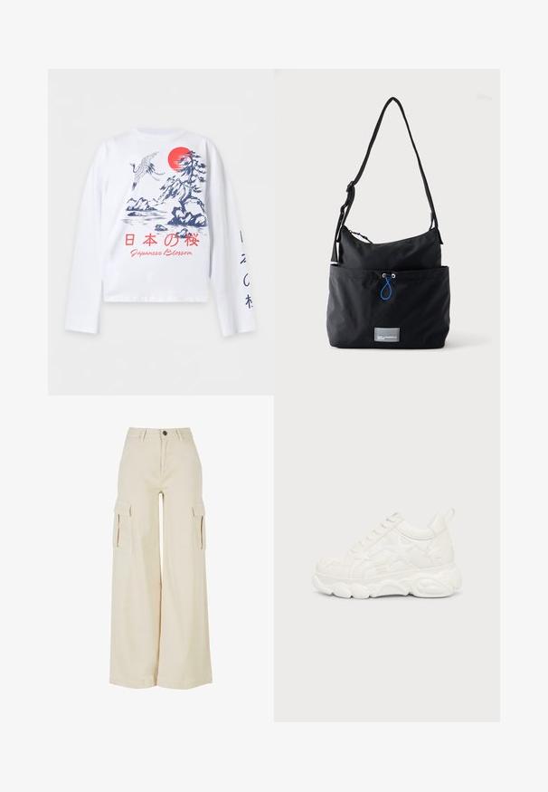 Λευκό πουκάμισο με μακριά μανίκια με μπλε ιαπωνικό τοπίο, κόκκινο ήλιο, γερανό και κόκκινο κείμενο "Japanese Blossom" στα αγγλικά και ιαπωνικούς χαρακτήρες.; Μπεζ καμπάνες cargo παντελόνια κατασκευασμένα από βαμβάκι, με δύο μεγάλες πλαϊνές τσέπες, κλείσιμο με κουμπί μπροστά και καθαρό στρίφωμα.; Λευκό chunky sneaker με αστέρι σχήματος σχέδια και παχιά υφή σόλα, που φαίνεται από την εξωτερική πλευρά σε ένα απλό φόντο.; Μαύρη υφασμάτινη τσάντα ώμου με ρυθμιζόμενο λουρί, μπροστινή τσέπη με μπλε κορδόνι και μικρό ορθογώνιο λογότυπο στη βάση.